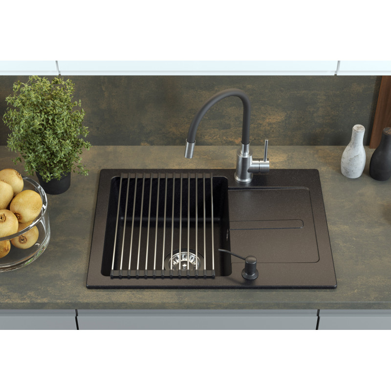 Bateria kuchenna MAGGIE – stalowa SteelQ/wąż czarny, obrotowa, elastyczna wylewka, Quadron