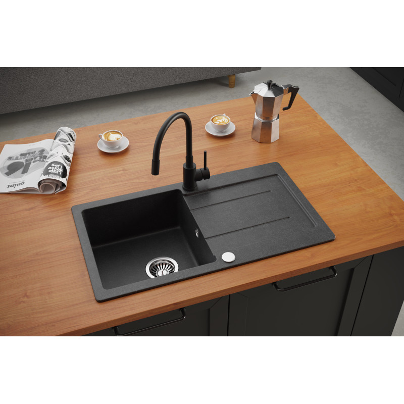 Bateria kuchenna MAGGIE – stalowa, złoty nano PVD/wąż czarny, obrotowa, elastyczna wylewka, Quadron