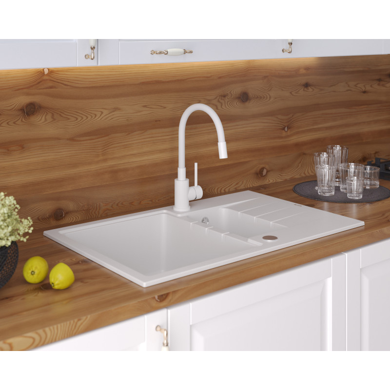 Bateria kuchenna MAGGIE – stalowa, snow white/wąż biały, obrotowa, elastyczna wylewka, Quadron