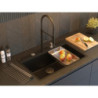 Zlewozmywak granitowy MARC 110 FM WORKSTATION – jednokomorowy, na równi z blatem, pure carbon/elementy miedziane + AKCESORIA, Quadron