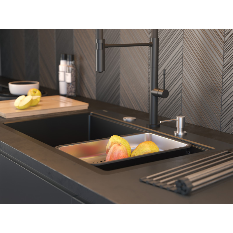 Zlewozmywak granitowy MARC 110 FM WORKSTATION – jednokomorowy, na równi z blatem, snow white/elementy miedziane + AKCESORIA, Quadron