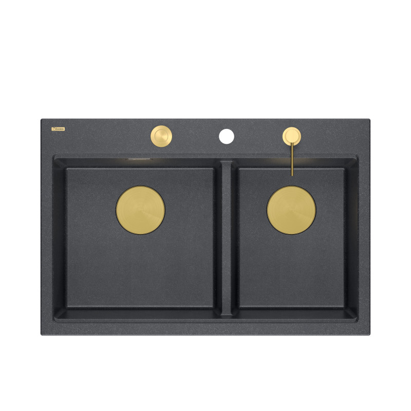 Zlewozmywak granitowy MARC 120 WORKSTATION – dwukomorowy, wpuszczany, black diamond/elementy złote + AKCESORIA, Quadron