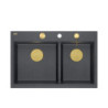 Zlewozmywak granitowy MARC 120 WORKSTATION – dwukomorowy, wpuszczany, black diamond/elementy złote + AKCESORIA, Quadron
