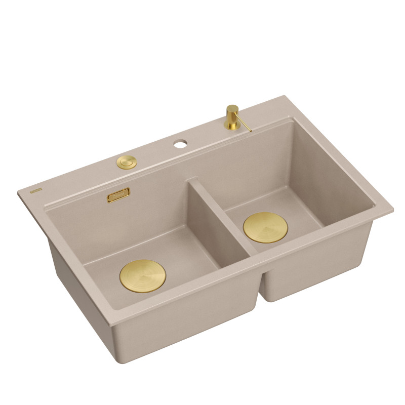 Zlewozmywak granitowy MARC 120 WORKSTATION – dwukomorowy, wpuszczany, pearl beige/elementy złote + AKCESORIA, Quadron