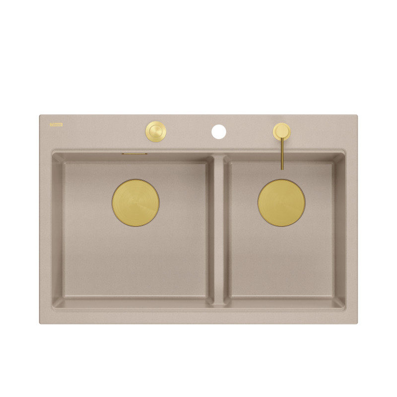 Zlewozmywak granitowy MARC 120 WORKSTATION – dwukomorowy, wpuszczany, pearl beige/elementy złote + AKCESORIA, Quadron