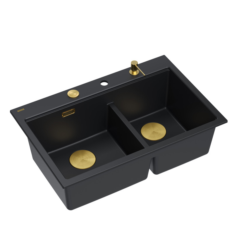 Zlewozmywak granitowy MARC 120 WORKSTATION – dwukomorowy, wpuszczany, pure carbon/elementy złote + AKCESORIA, Quadron
