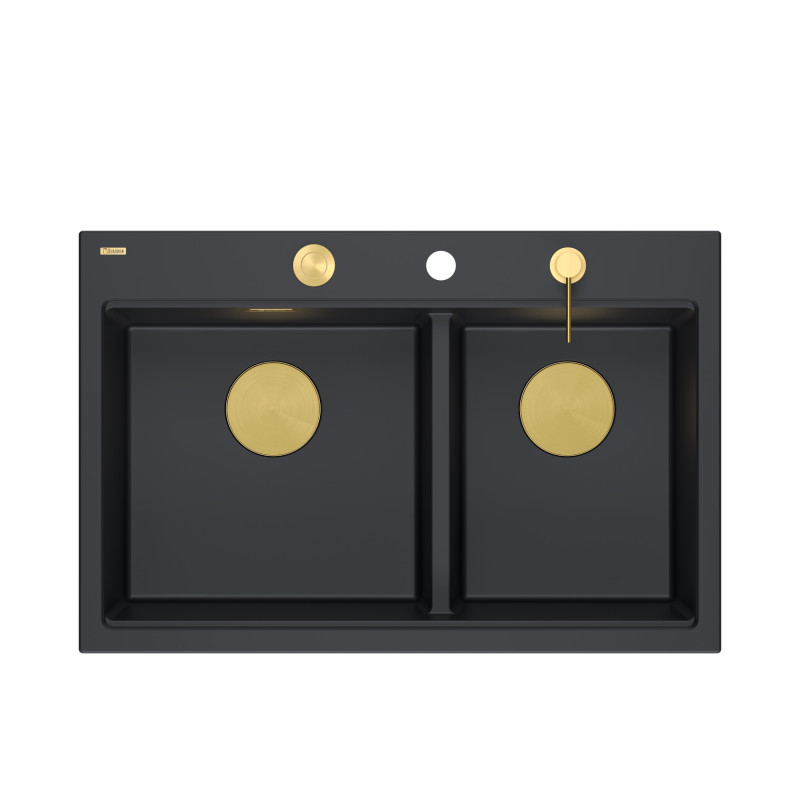 Zlewozmywak granitowy MARC 120 WORKSTATION – dwukomorowy, wpuszczany, pure carbon/elementy złote + AKCESORIA, Quadron