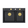 Zlewozmywak granitowy MARC 120 WORKSTATION – dwukomorowy, wpuszczany, pure carbon/elementy złote + AKCESORIA, Quadron