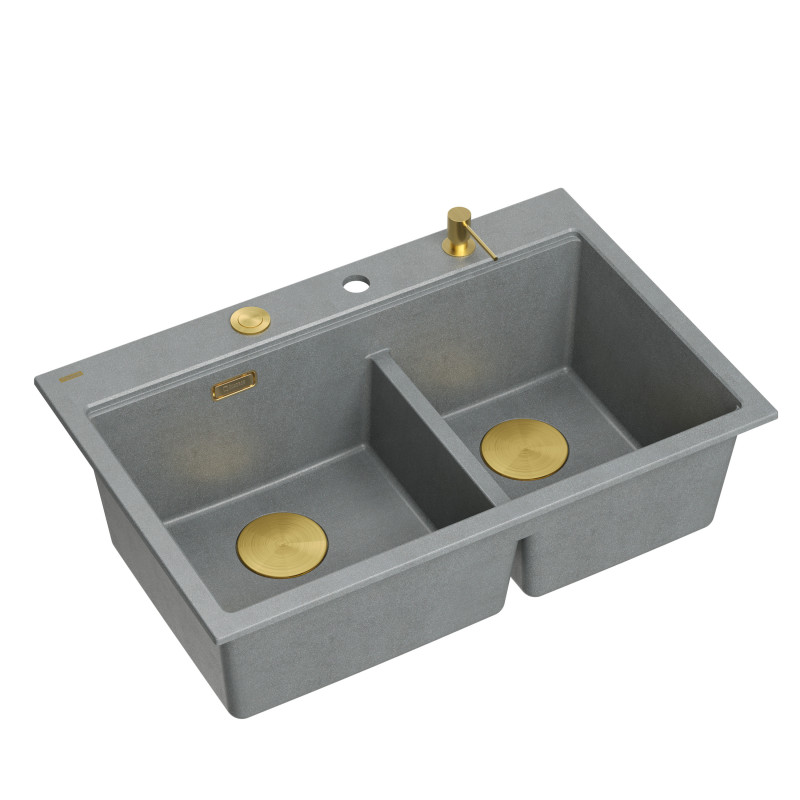 Zlewozmywak granitowy MARC 120 WORKSTATION – dwukomorowy, wpuszczany, silver stone/elementy złote + AKCESORIA, Quadron
