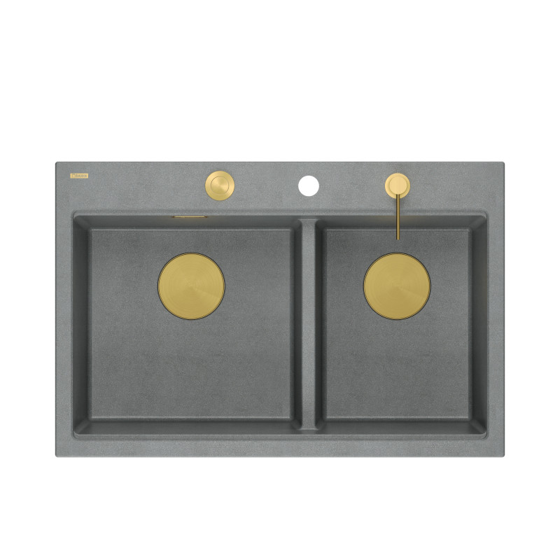Zlewozmywak granitowy MARC 120 WORKSTATION – dwukomorowy, wpuszczany, silver stone/elementy złote + AKCESORIA, Quadron