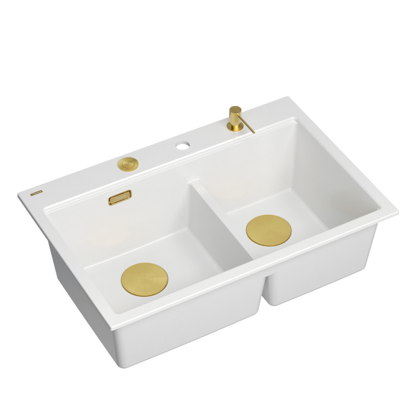 Zlewozmywak granitowy MARC 120 WORKSTATION – dwukomorowy, wpuszczany, snow white/elementy złote + AKCESORIA, Quadron