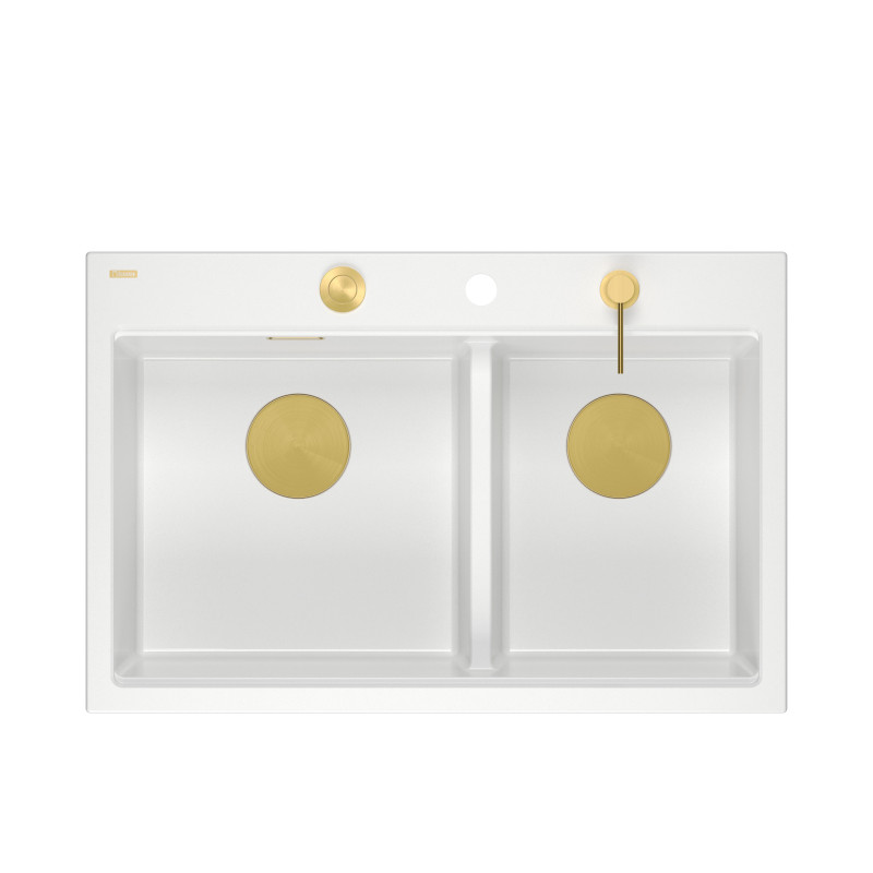 Zlewozmywak granitowy MARC 120 WORKSTATION – dwukomorowy, wpuszczany, snow white/elementy złote + AKCESORIA, Quadron