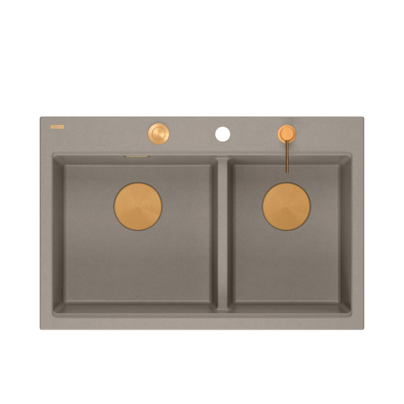 Zlewozmywak granitowy MARC 120 WORKSTATION – dwukomorowy, wpuszczany, soft taupe/elementy miedziane + AKCESORIA, Quadron