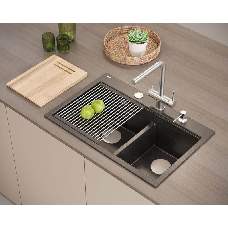 Zlewozmywak granitowy MARC 120 WORKSTATION – dwukomorowy, wpuszczany, soft taupe/elementy miedziane + AKCESORIA, Quadron