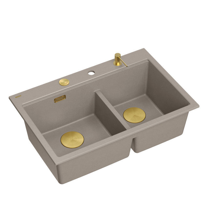 Zlewozmywak granitowy MARC 120 WORKSTATION – dwukomorowy, wpuszczany, soft taupe/elementy złote + AKCESORIA, Quadron