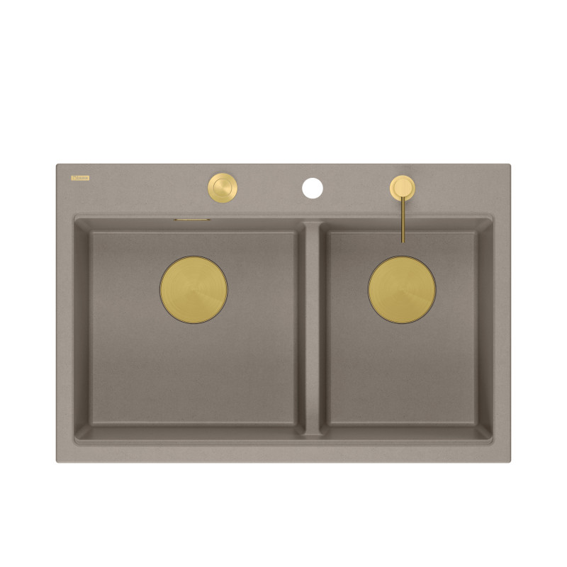Zlewozmywak granitowy MARC 120 WORKSTATION – dwukomorowy, wpuszczany, soft taupe/elementy złote + AKCESORIA, Quadron