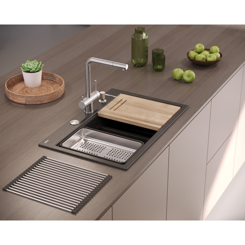 Zlewozmywak granitowy MARC 120 WORKSTATION – dwukomorowy, wpuszczany, soft taupe/elementy złote + AKCESORIA, Quadron