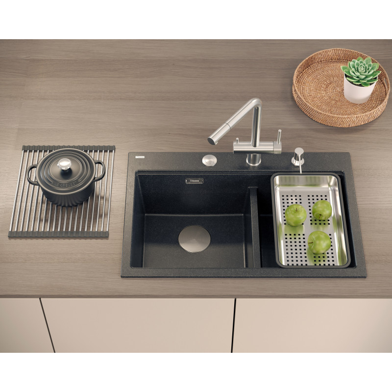 Zlewozmywak granitowy MARC 120 WORKSTATION – dwukomorowy, wpuszczany, soft taupe/elementy złote + AKCESORIA, Quadron