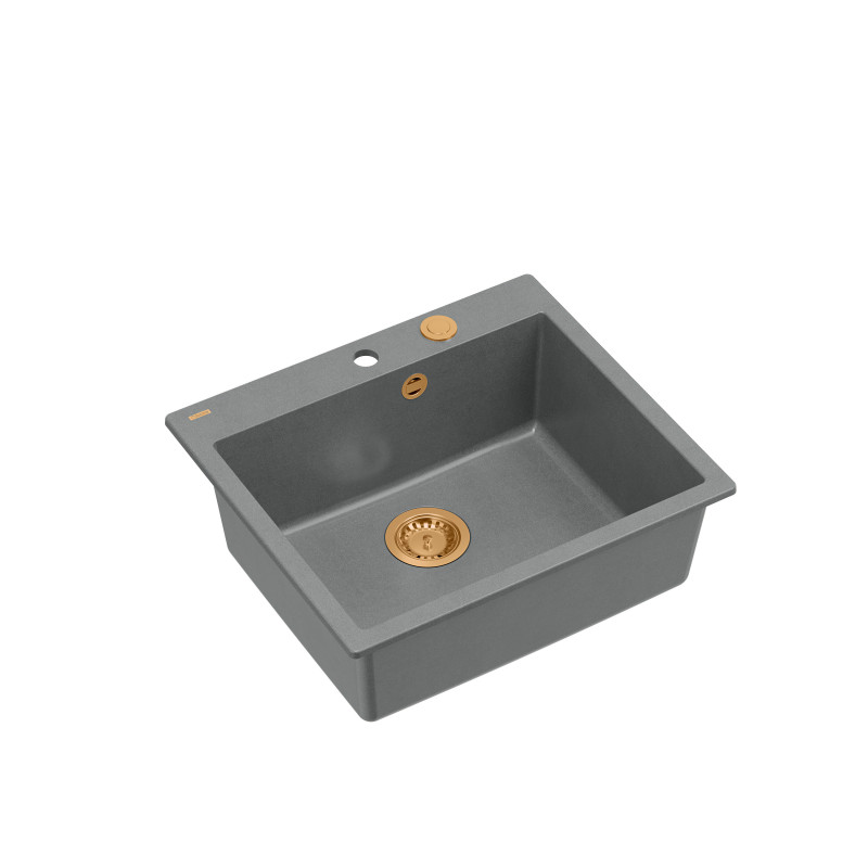 Zlewozmywak granitowy MORGAN 110 – jednokomorowy, wpuszczany, silver stone/elementy miedziane, Quadron