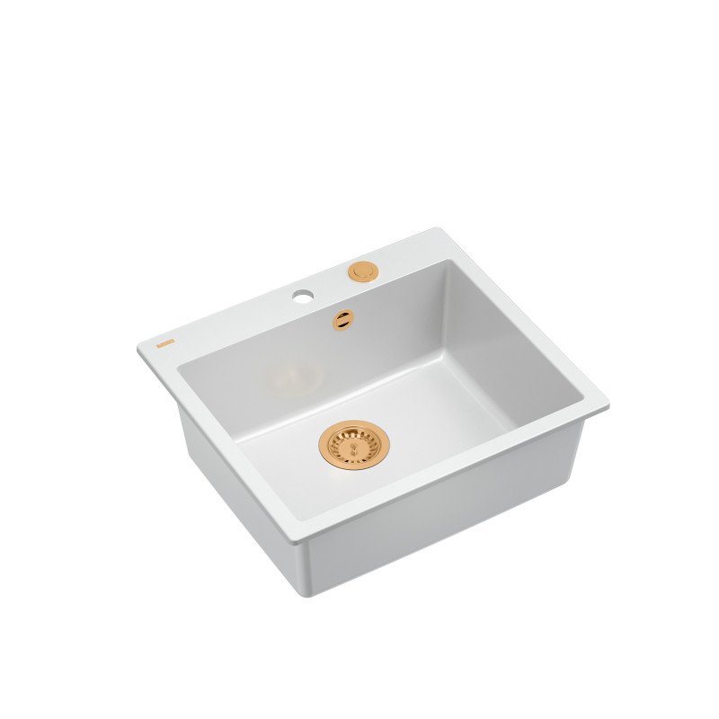Zlewozmywak granitowy MORGAN 110 – jednokomorowy, wpuszczany, snow white/elementy miedziane, Quadron