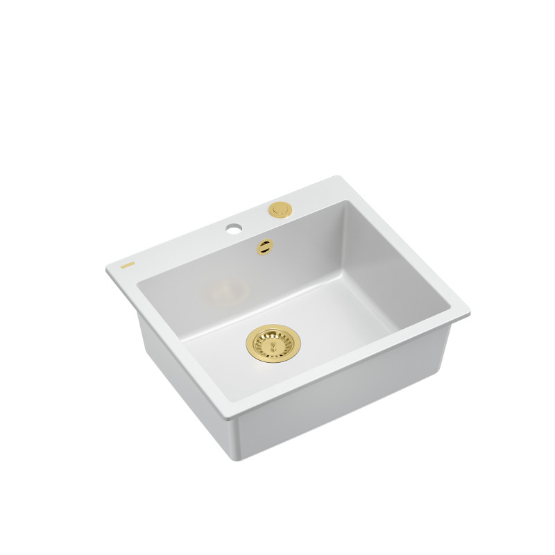 Zlewozmywak granitowy MORGAN 110 – jednokomorowy, wpuszczany, snow white/elementy złote, Quadron
