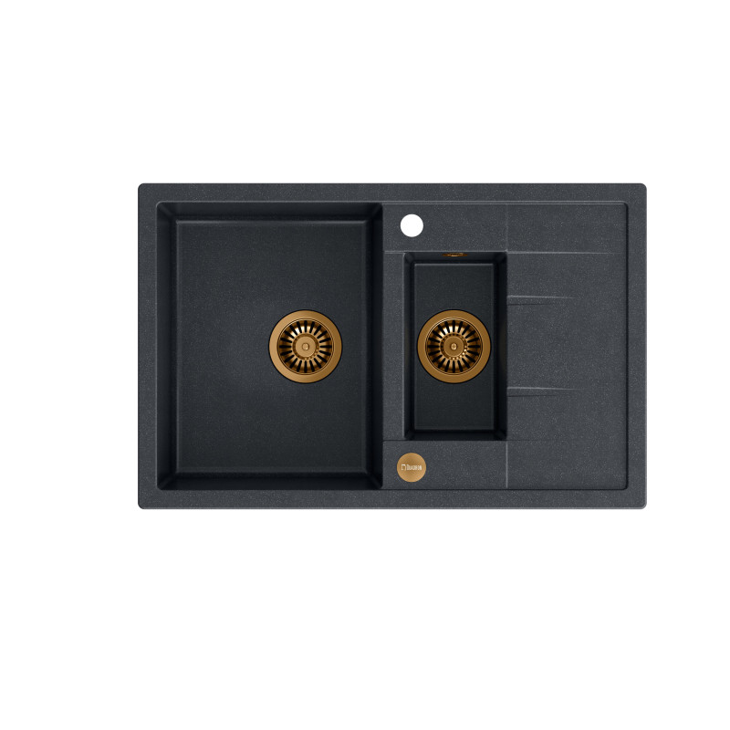 Zlewozmywak granitowy MORGAN 156 – półtorakomorowy, wpuszczany, black diamond/elementy miedziane, Quadron
