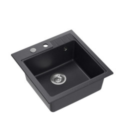 Zlewozmywak granitowy PETER 110 – jednokomorowy, wpuszczany, black dotted/elementy stalowe, Quadron