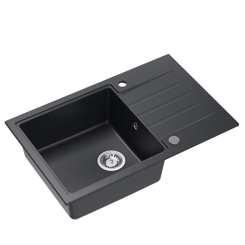 Zlewozmywak granitowy PETER 111 – jednokomorowy, wpuszczany, black dotted/elementy stalowe, Quadron