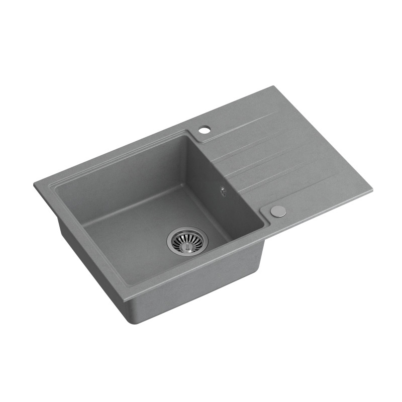 Zlewozmywak granitowy PETER 111 – jednokomorowy, wpuszczany, silver stone/elementy stalowe, Quadron