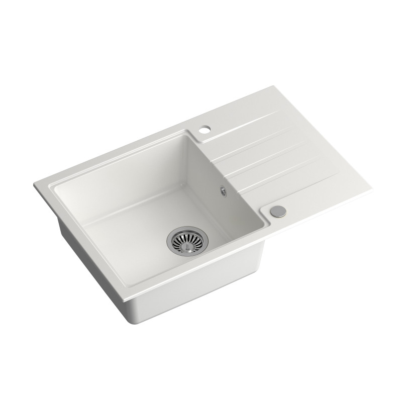 Zlewozmywak granitowy PETER 111 – jednokomorowy, wpuszczany, snow white/elementy stalowe, Quadron