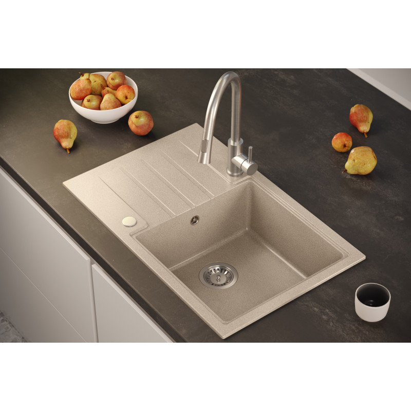 Zlewozmywak granitowy PETER 111 – jednokomorowy, wpuszczany, soft taupe/elementy stalowe, Quadron