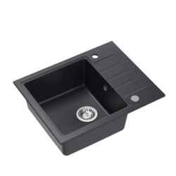 Zlewozmywak granitowy PETER 116 – jednokomorowy, wpuszczany, black dotted/elementy stalowe, Quadron