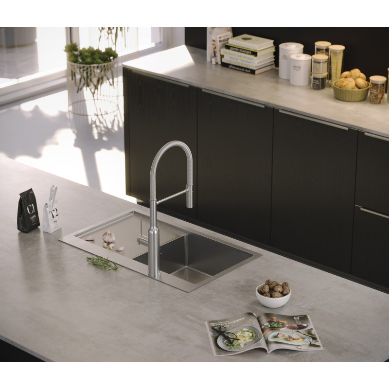 Zlewozmywak stalowy RUSSEL 111 – jednokomorowy, wpuszczany/na równi z blatem, komora z lewej strony, stal szlachetna/elementy stalowe, Quadron