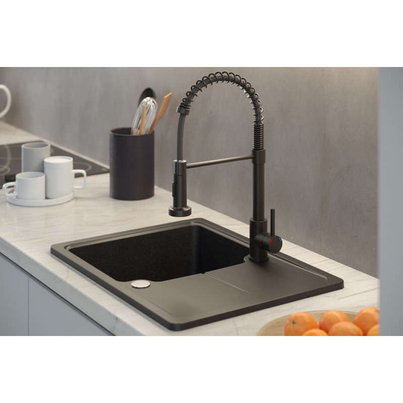 Bateria kuchenna SALMA – stalowa, pure carbon, obrotowa, ruchoma wylewka, z prysznicem, Quadron