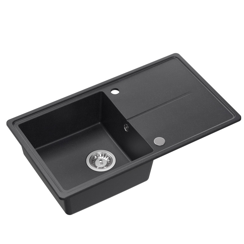 Zlewozmywak granitowy TONY 111 – jednokomorowy, wpuszczany, black dotted/elementy stalowe, Quadron