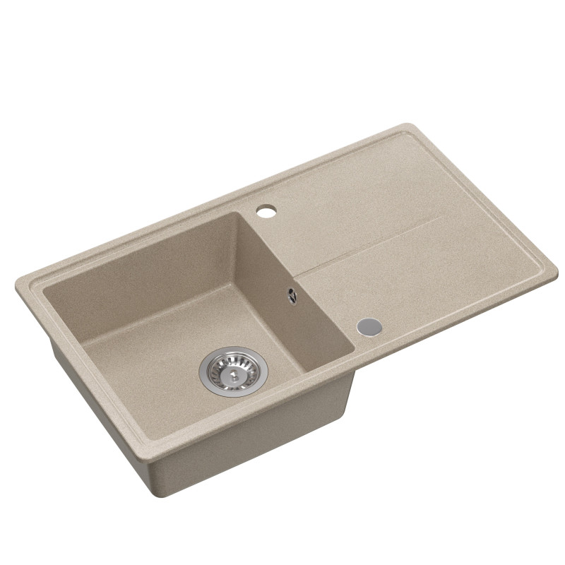 Zlewozmywak granitowy TONY 111 – jednokomorowy, wpuszczany, river sand/elementy stalowe, Quadron