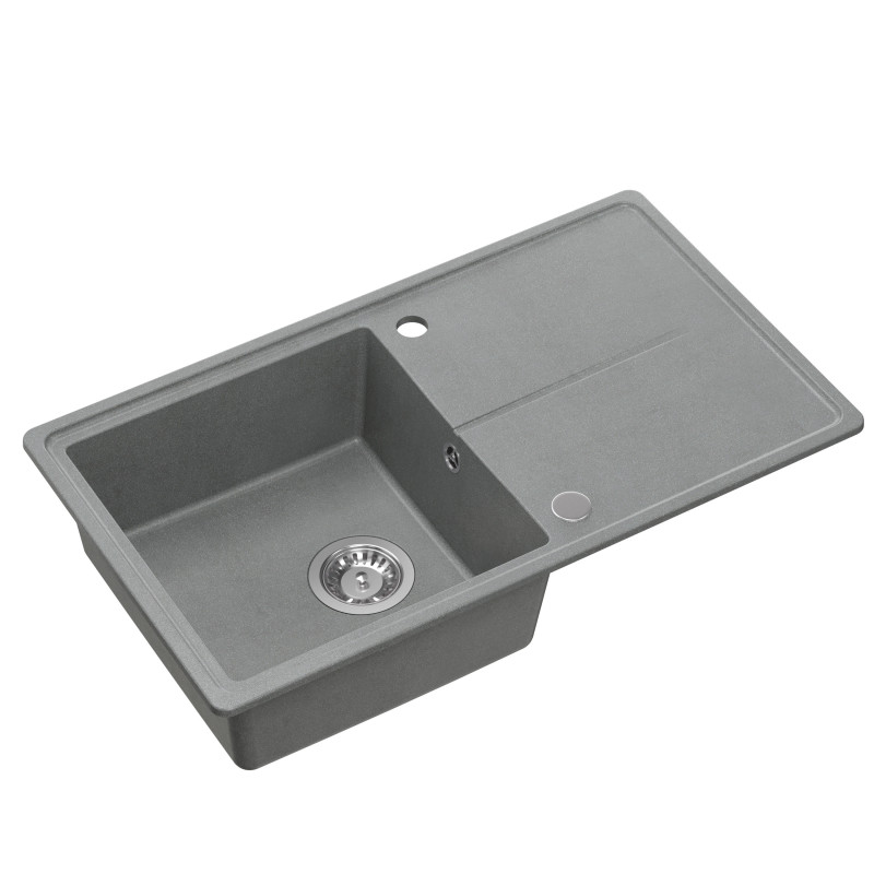 Zlewozmywak granitowy TONY 111 – jednokomorowy, wpuszczany, silver stone/elementy stalowe, Quadron