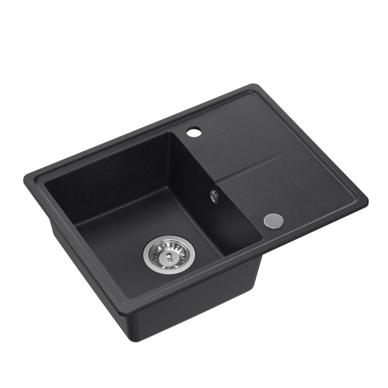 Zlewozmywak granitowy TONY 116 – jednokomorowy, wpuszczany, black dotted/elementy stalowe, Quadron