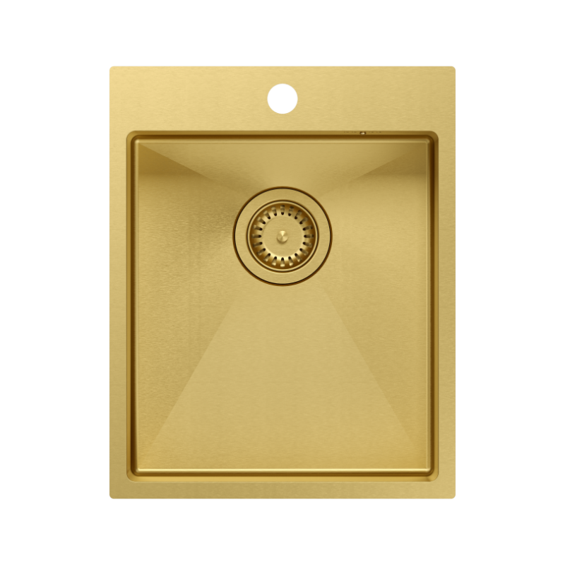 Zlewozmywak stalowy RUSSEL 90 – jednokomorowy, wpuszczany/na równi z blatem, stal złota/elementy złote, Quadron