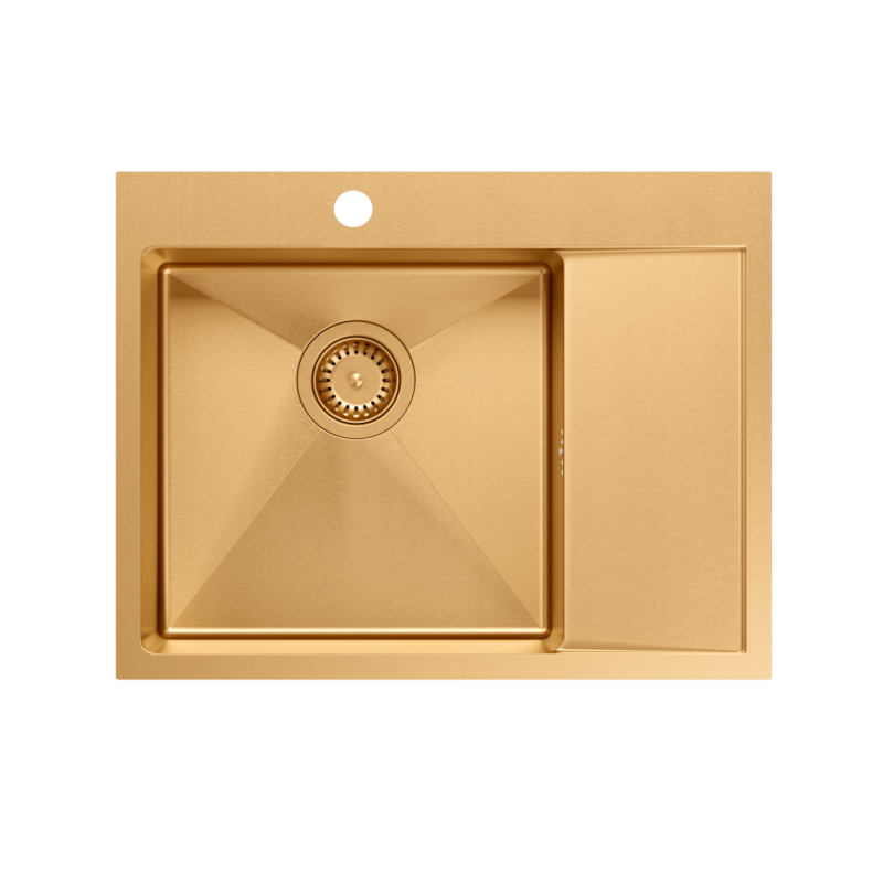 Zlewozmywak stalowy RUSSEL 116 – jednokomorowy, wpuszczany/na równi z blatem, stal miedziana/elementy miedziane, Quadron