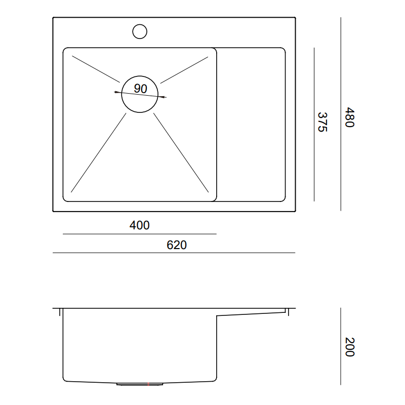 Zlewozmywak stalowy RUSSEL 116 – jednokomorowy, wpuszczany/na równi z blatem, stal szlachetna/elementy stalowe, Quadron