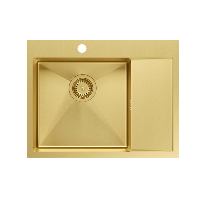 Zlewozmywak stalowy RUSSEL 116 – jednokomorowy, wpuszczany/na równi z blatem, stal złota/elementy złote, Quadron