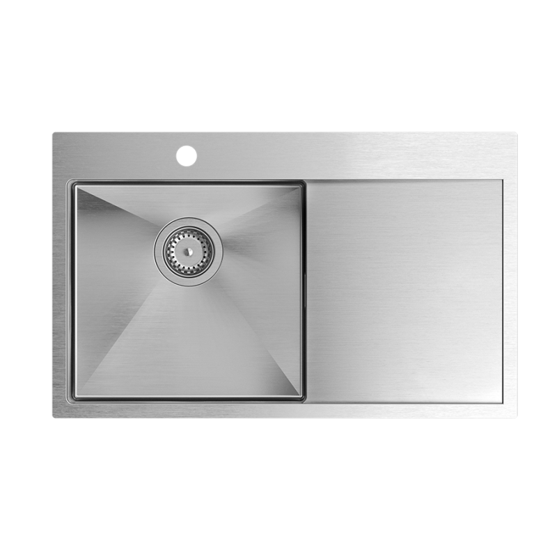 Zlewozmywak stalowy RUSSEL 111 – jednokomorowy, wpuszczany/na równi z blatem, komora z lewej strony, stal szlachetna/elementy stalowe, Quadron