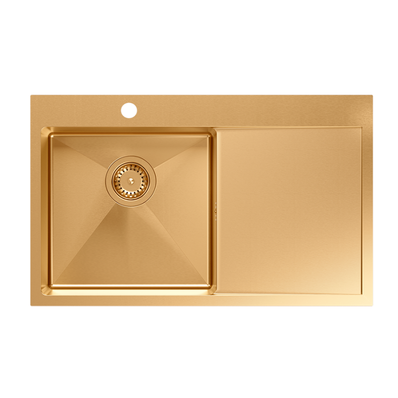 Zlewozmywak stalowy RUSSEL 111 – jednokomorowy, wpuszczany/na równi z blatem, stal miedziana/elementy miedziane, Quadron