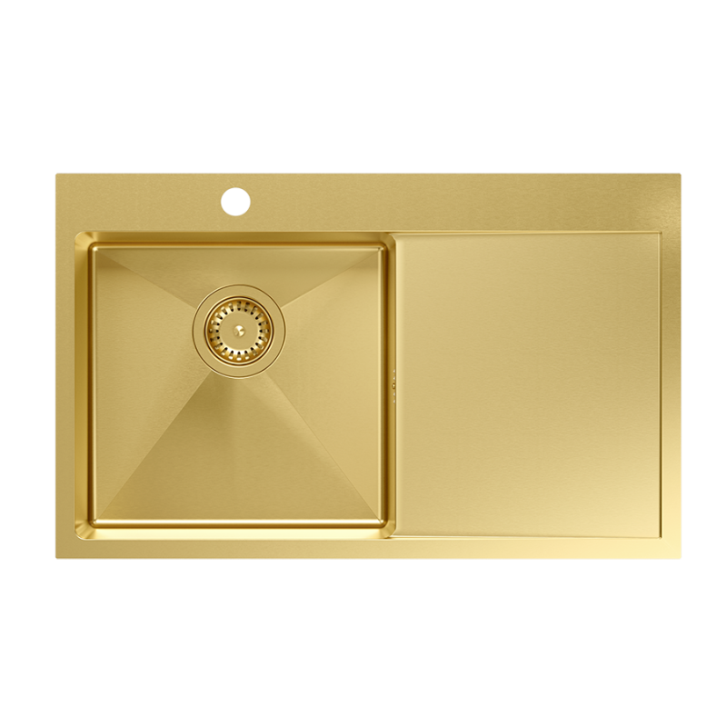 Zlewozmywak stalowy RUSSEL 111 – jednokomorowy, wpuszczany/na równi z blatem, stal złota/elementy złote, Quadron