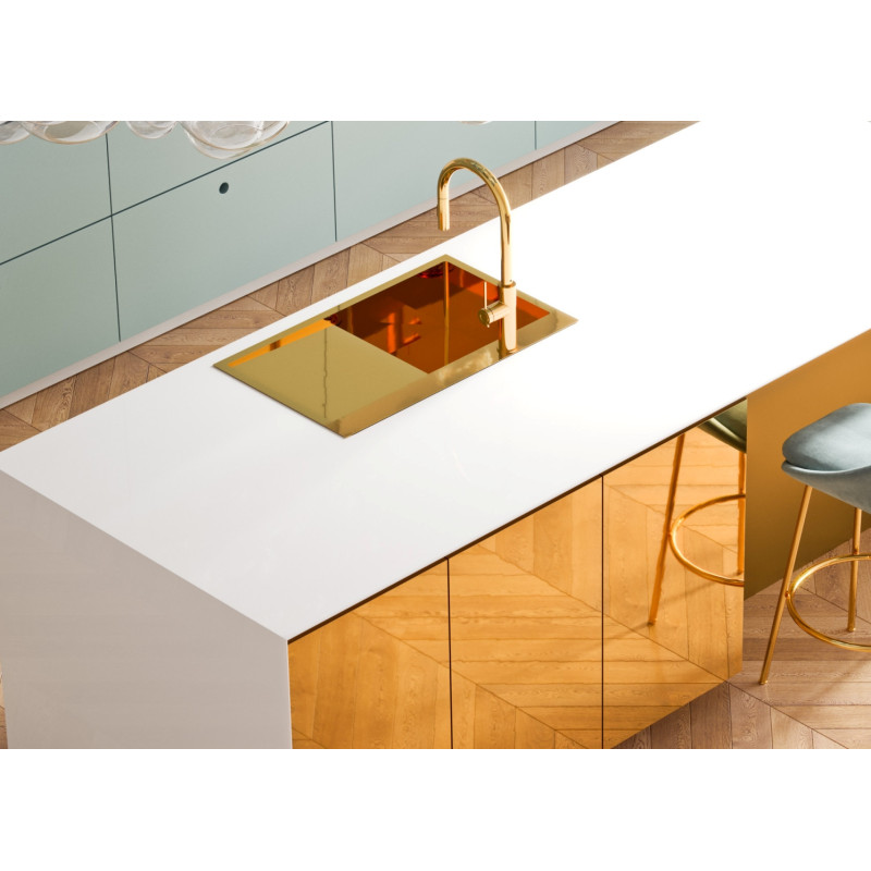 Zlewozmywak stalowy RUSSEL 111 – jednokomorowy, wpuszczany/na równi z blatem, stal złota/elementy złote, Quadron