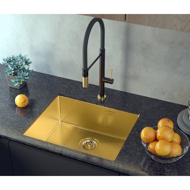 Zlewozmywak stalowy ANTHONY 60 – jednokomorowy, podwieszany/wpuszczany/na równi z blatem, stal złota/elementy złote, Quadron