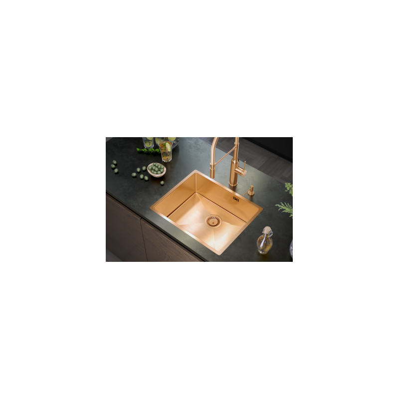 Zlewozmywak stalowy ANTHONY 60 – jednokomorowy, podwieszany/wpuszczany/na równi z blatem, stal miedziana/elementy miedziane, Quadron