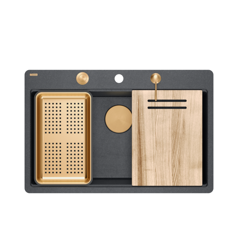 Zlewozmywak granitowy MARC 110 FM WORKSTATION – jednokomorowy, na równi z blatem, black diamond/elementy miedziane + AKCESORIA, Quadron