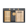 Zlewozmywak granitowy MARC 110 FM WORKSTATION – jednokomorowy, na równi z blatem, black diamond/elementy miedziane + AKCESORIA, Quadron